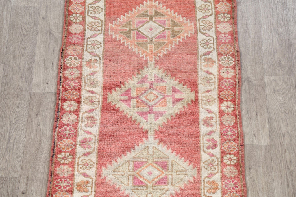 Vintage Red Oushak Turkish Wool Runner Rugs 3x13