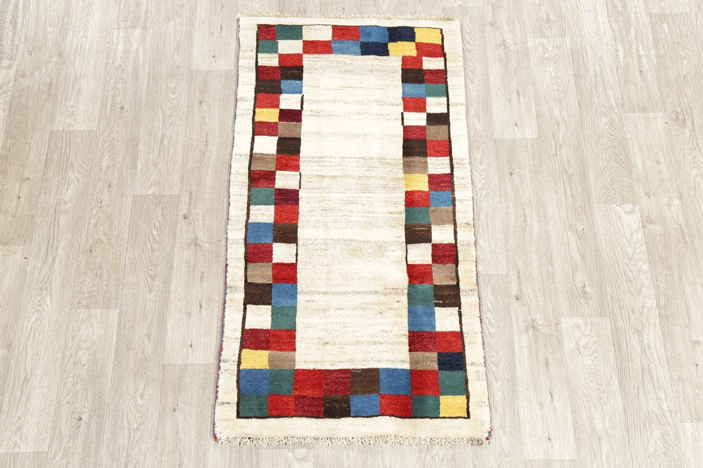 Geometric Ivory Gabbeh Shiraz Persian Wool Rug 3x5