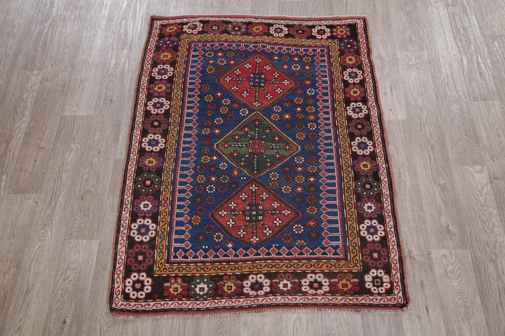 Navy Blue Geometric Kazak Oriental Wool Rug 4x5