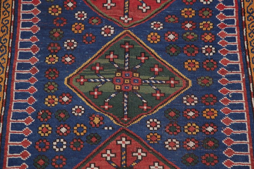 Navy Blue Geometric Kazak Oriental Wool Rug 4x5