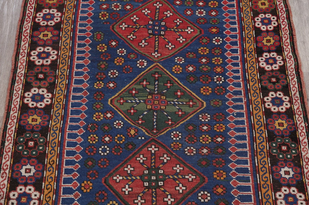 Navy Blue Geometric Kazak Oriental Wool Rug 4x5