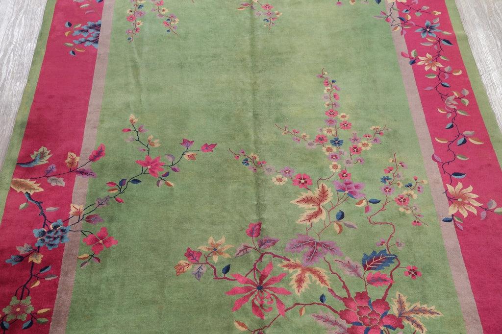 Green Vegetable Dye Art Deco Oriental Wool Rug 10x19