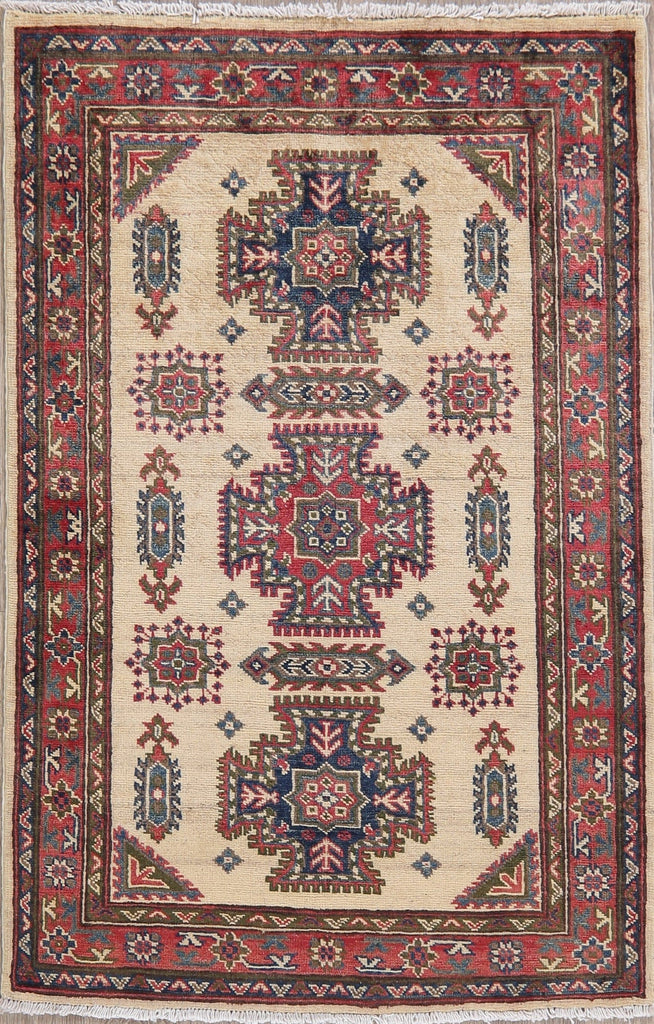 Ivory Geometric Super Kazak-Chechen Oriental Rug 3x5