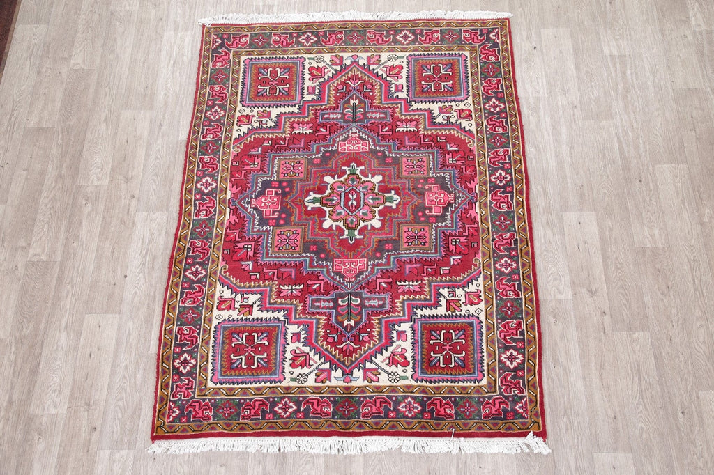 Geometric Red Heriz Persian Wool Area Rug 5x7