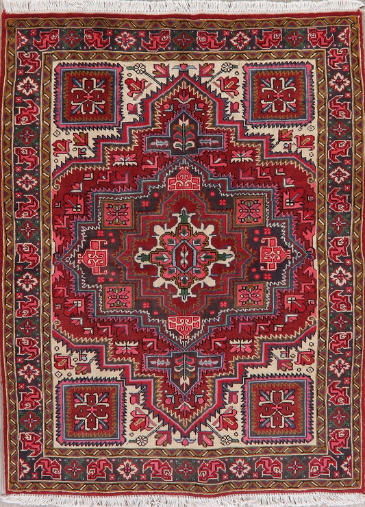 Geometric Red Heriz Persian Wool Area Rug 5x7