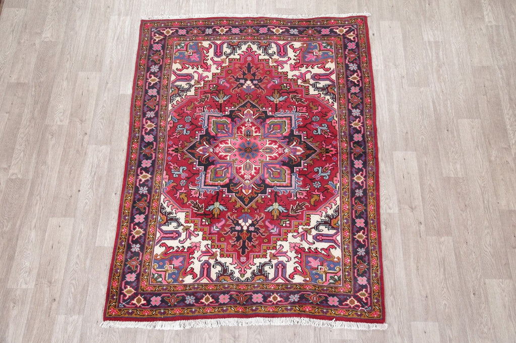 Geometric Red Heriz Persian Wool Area Rug 5x7