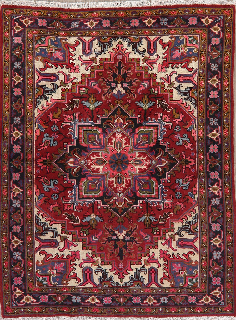 Geometric Red Heriz Persian Wool Area Rug 5x7