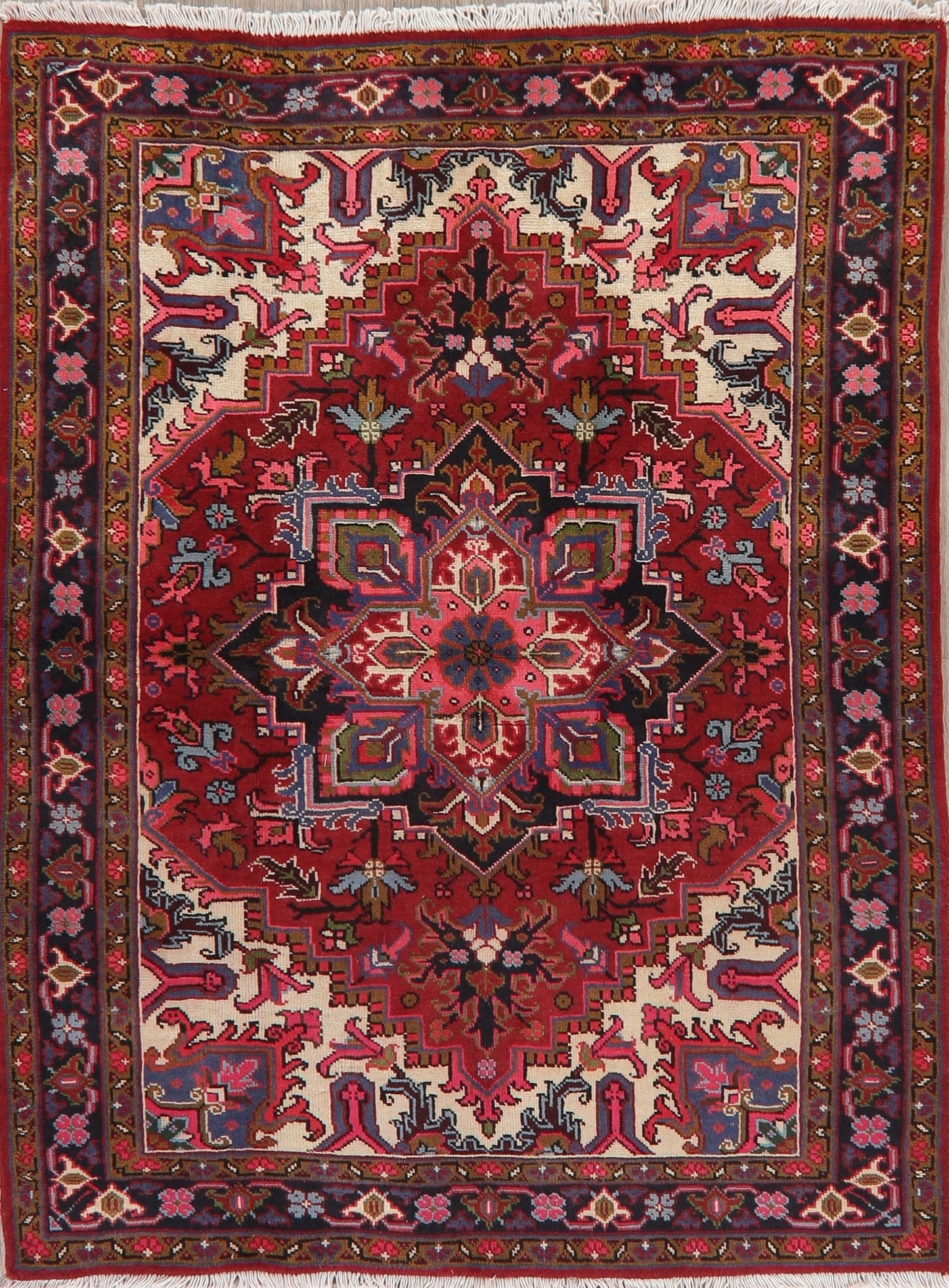 Geometric Red Heriz Persian Wool Area Rug 5x7