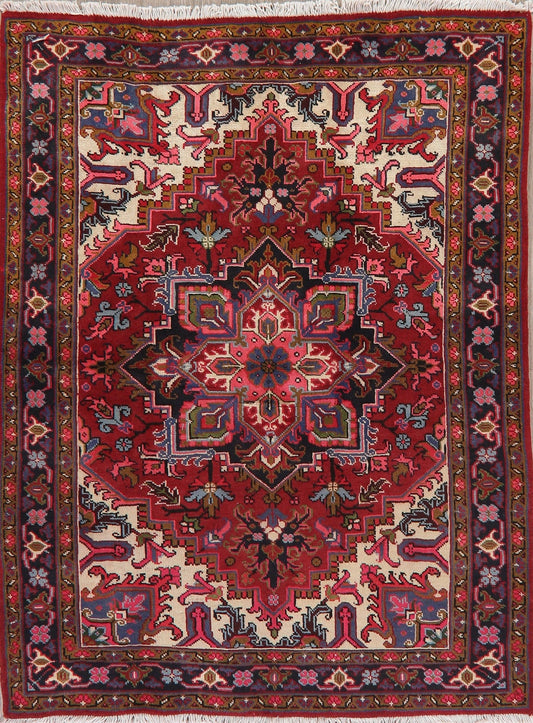 Geometric Red Heriz Persian Wool Area Rug 5x7