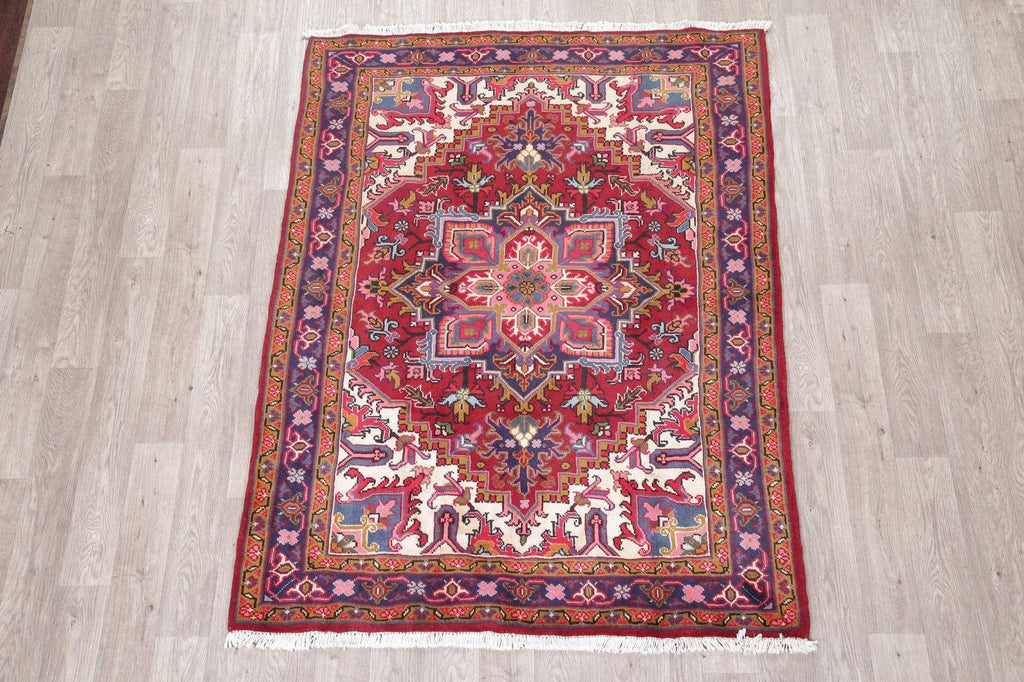 Geometric Red Heriz Persian Wool Rug 5x6