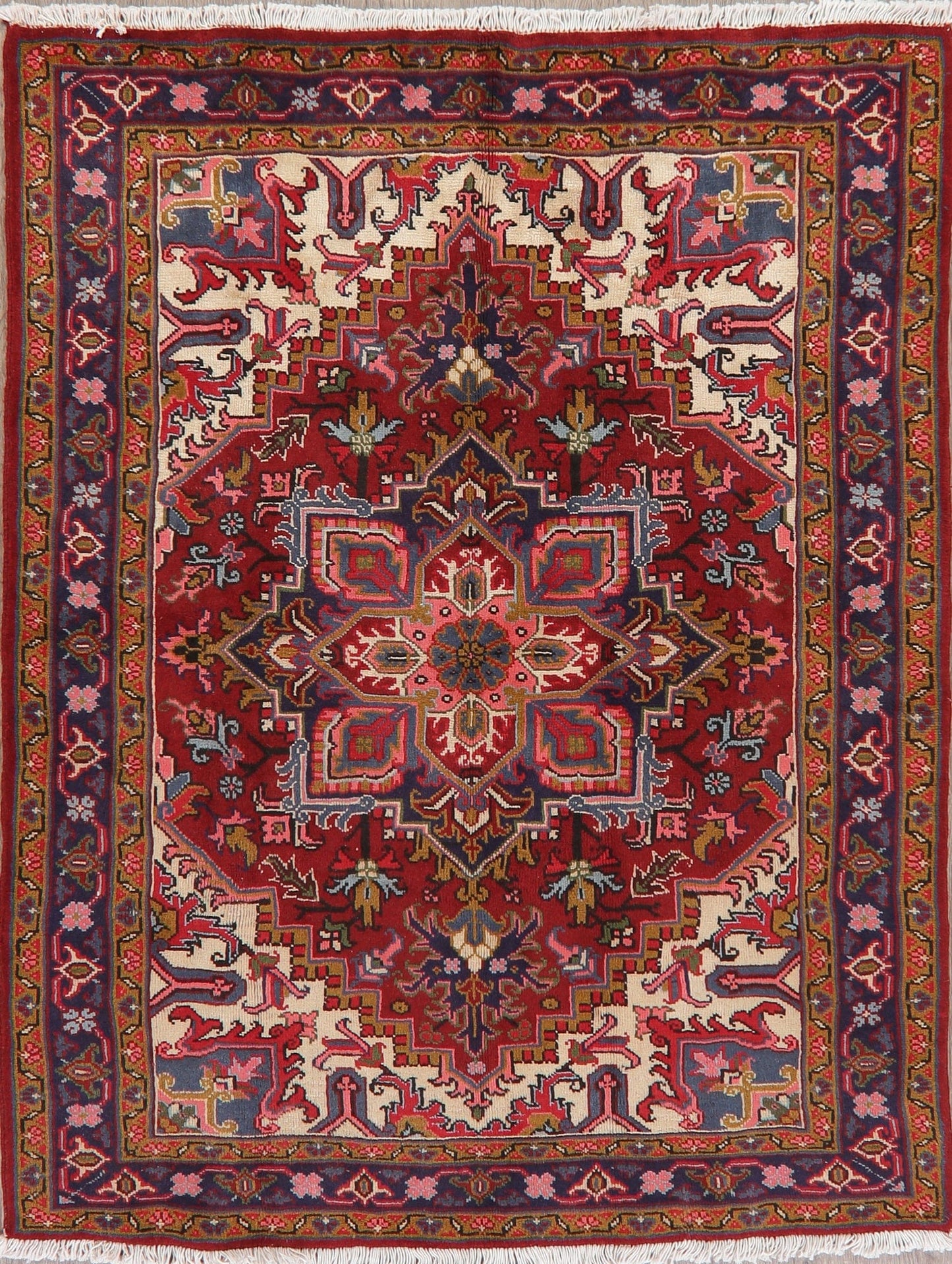 Geometric Red Heriz Persian Wool Rug 5x6