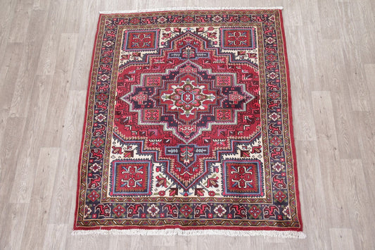 Geometric Red Heriz Persian Wool Rug 5x6