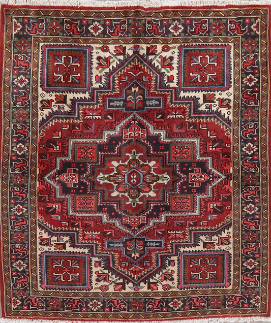 Geometric Red Heriz Persian Wool Rug 5x6
