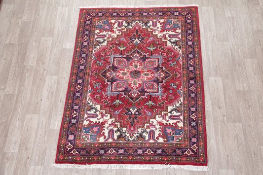 Geometric Red Heriz Persian Wool Area Rug 5x6