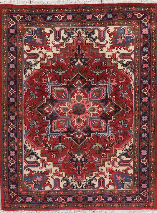 Geometric Red Heriz Persian Wool Area Rug 5x6