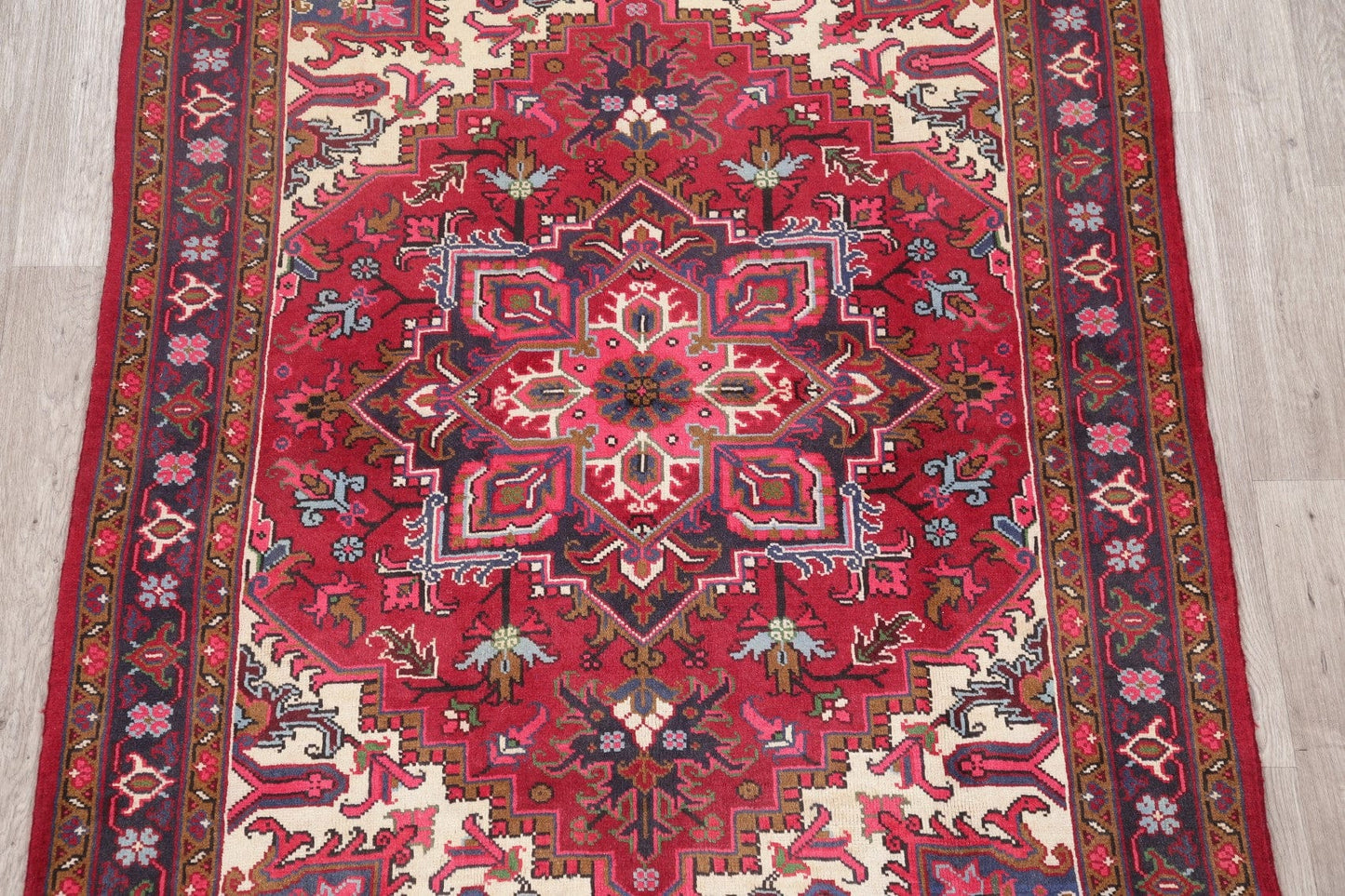 Geometric Red Heriz Persian Wool Area Rug 5x7