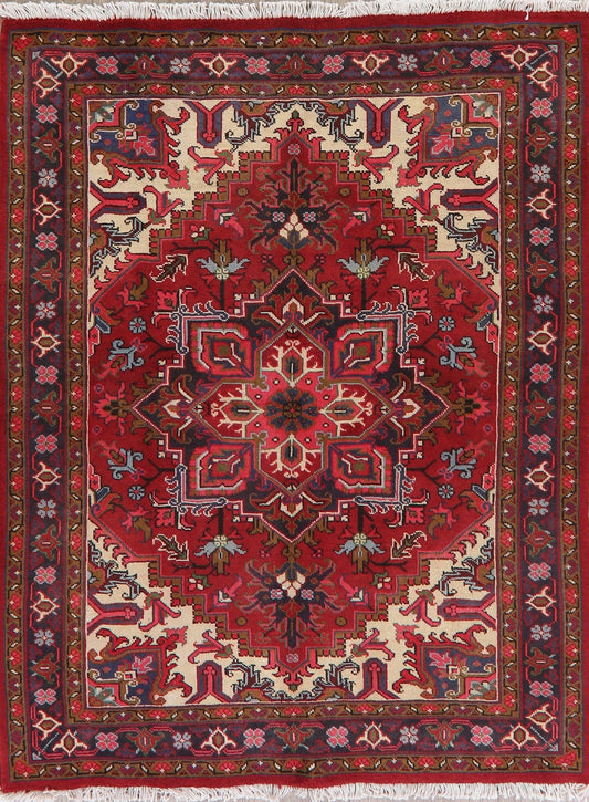 Geometric Red Heriz Persian Wool Area Rug 5x7