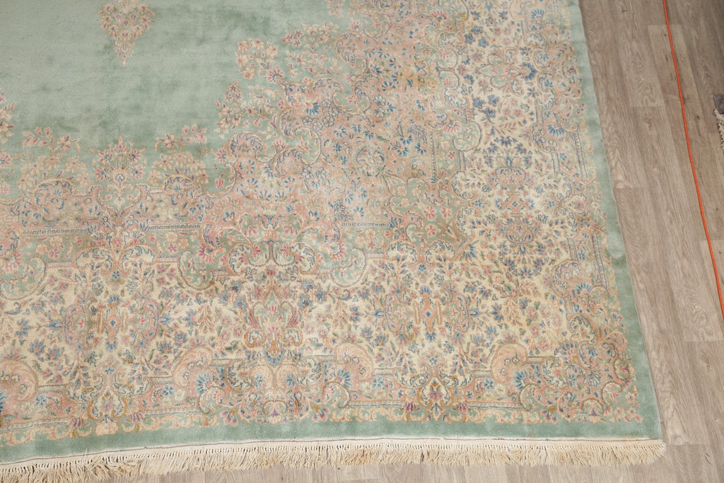 Vintage Green Floral Kerman Persian Wool Rug 13x20