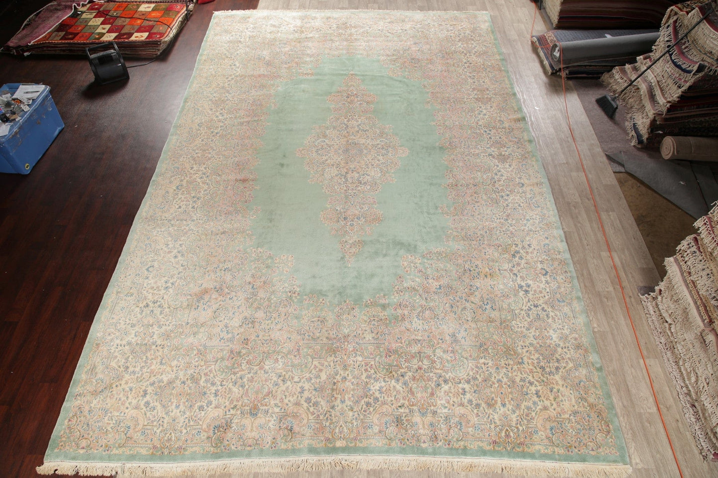 Vintage Green Floral Kerman Persian Wool Rug 13x20