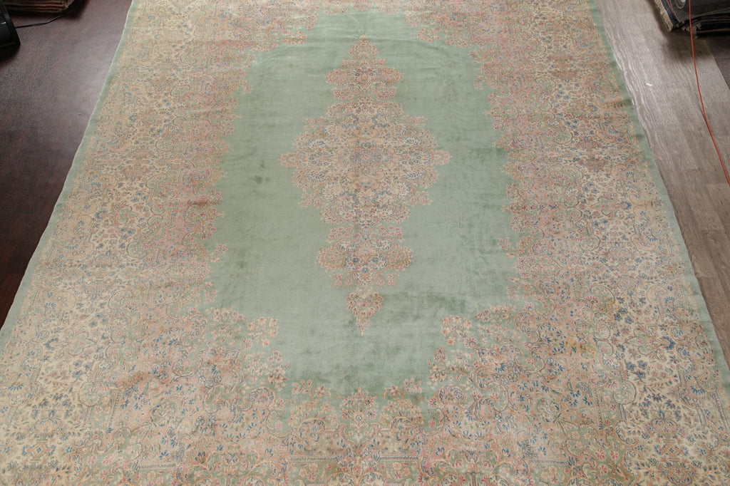 Vintage Green Floral Kerman Persian Wool Rug 13x20