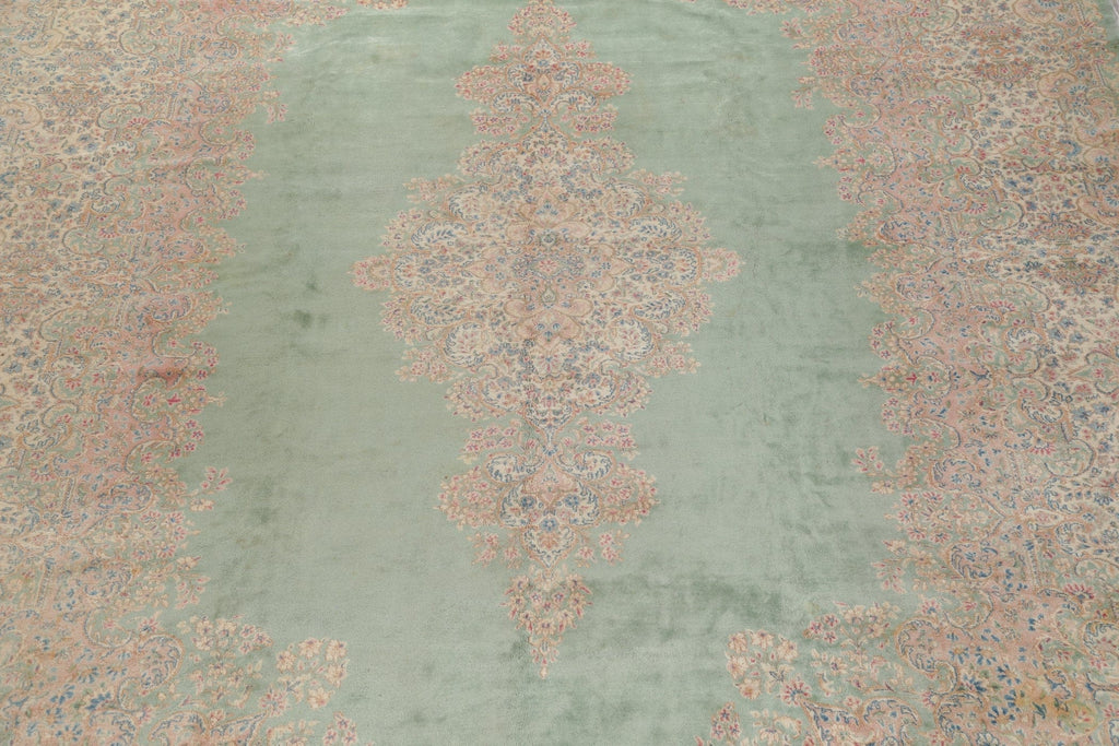 Vintage Green Floral Kerman Persian Wool Rug 13x20