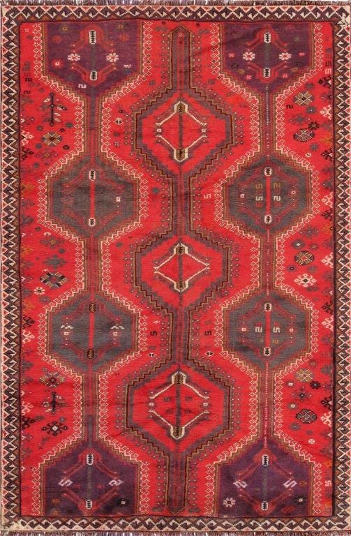 Vintage Shiraz Collection Red Lamb's Wool Area Rug- 4'11" X 7' 7"