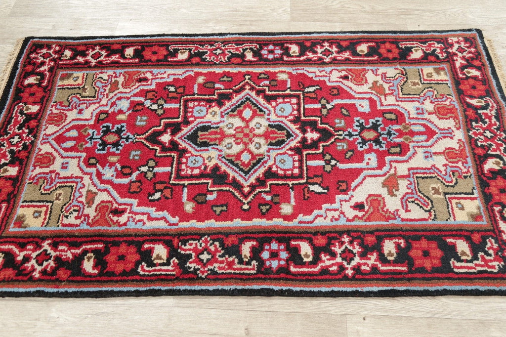 Geometric Red Heriz Indian Wool Rug 3x5