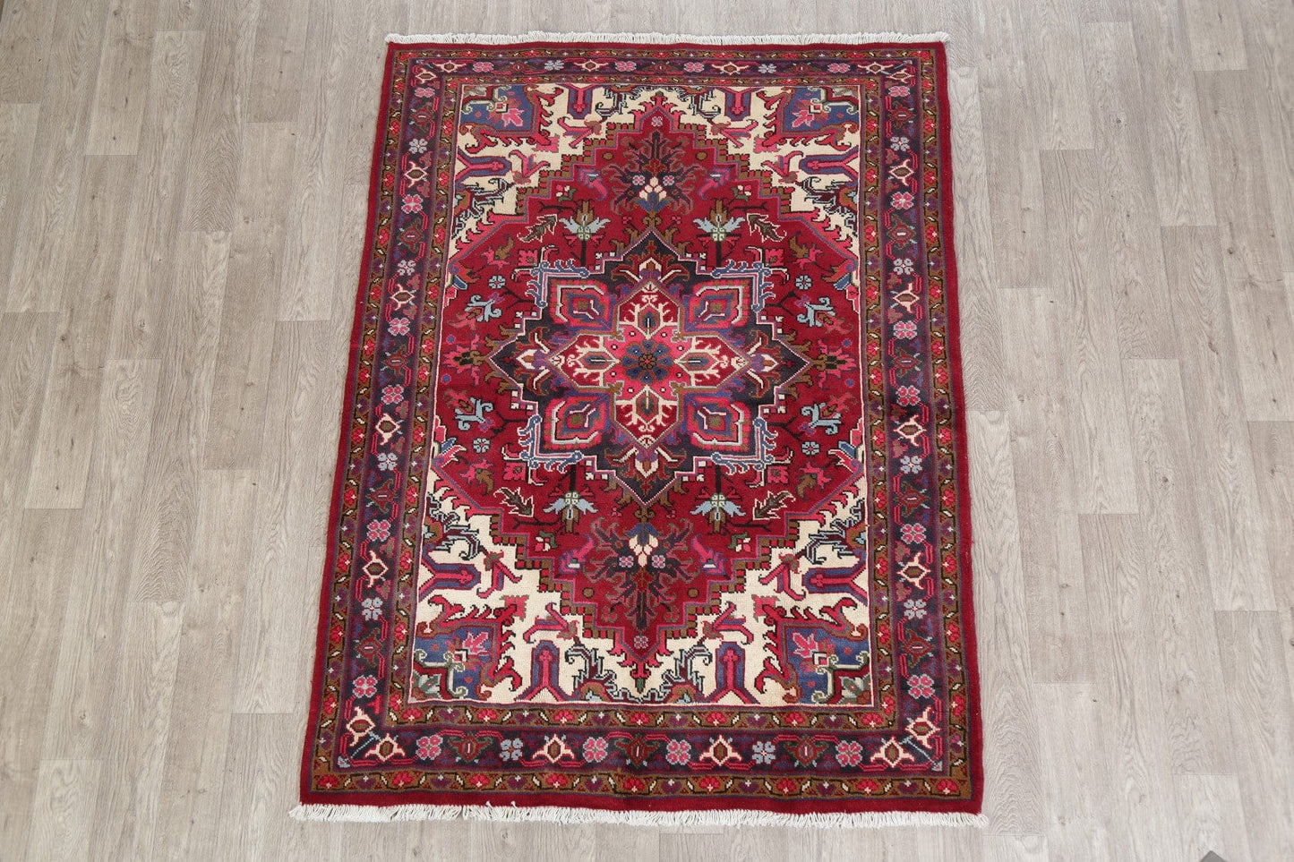 Geometric Red Heriz Serapi Persian Wool Rug 5x7