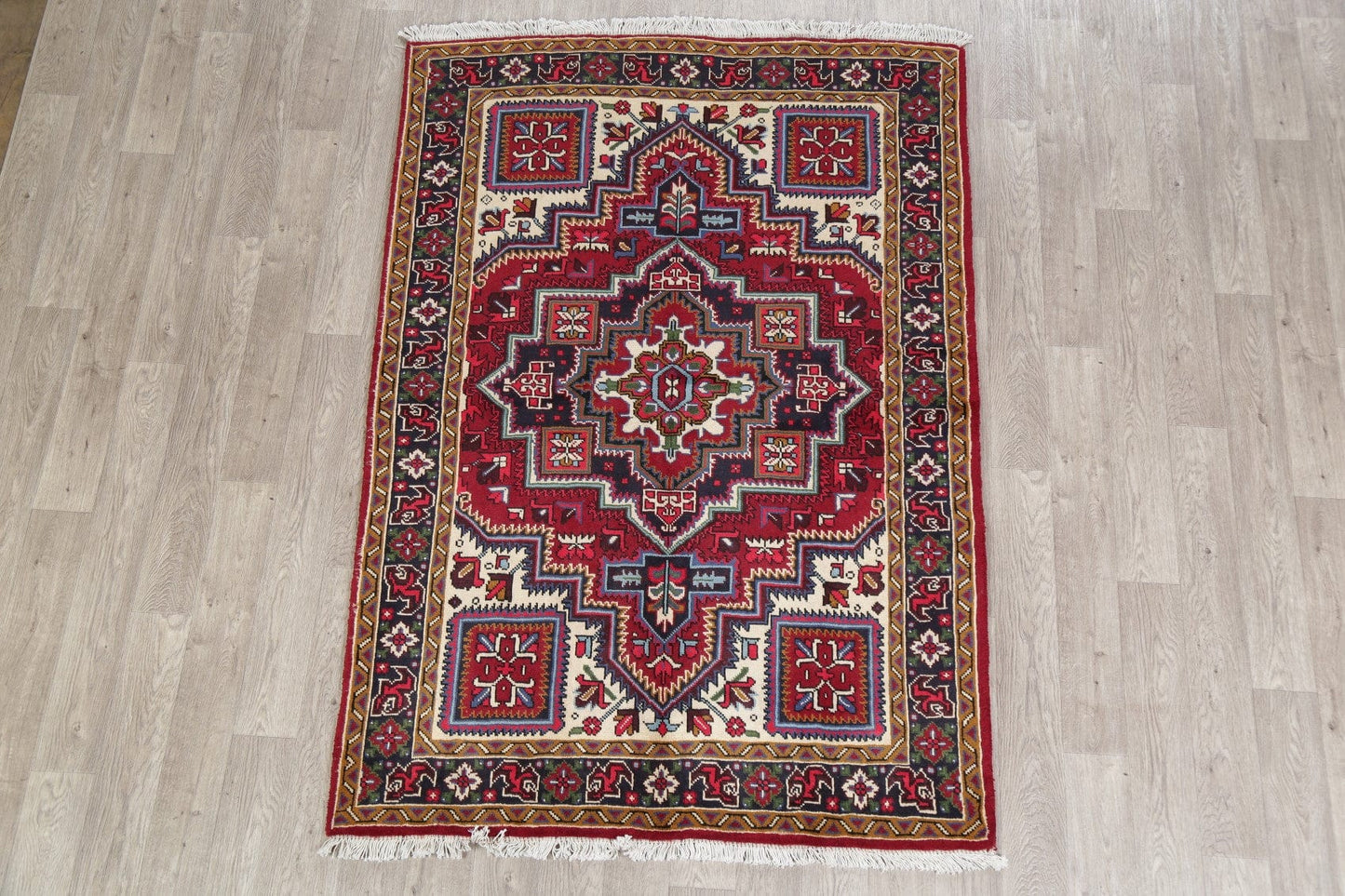 Geometric Red Heriz Serapi Persian Wool Rug 5x7