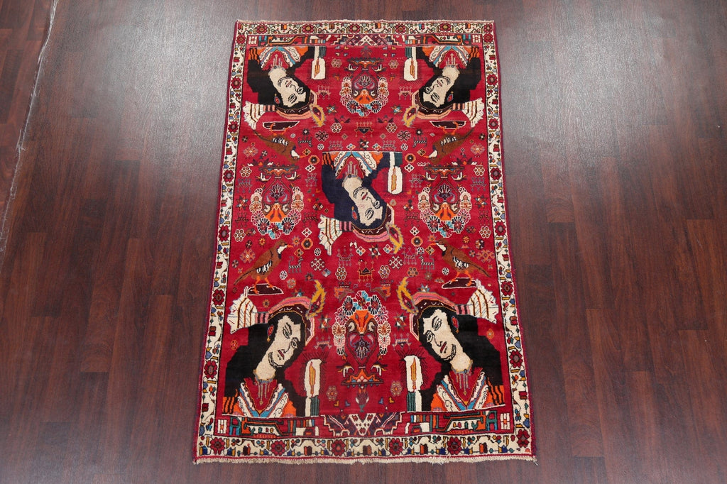 Vintage Red Pictorial Shiraz Persian Wool Rug 4x7