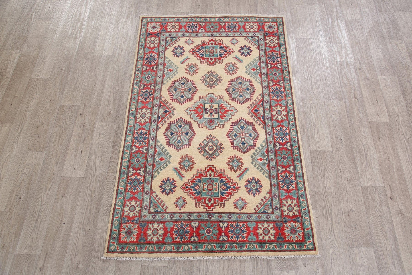 Beige Super Kazak-Chechen Oriental Wool Rug 4x6