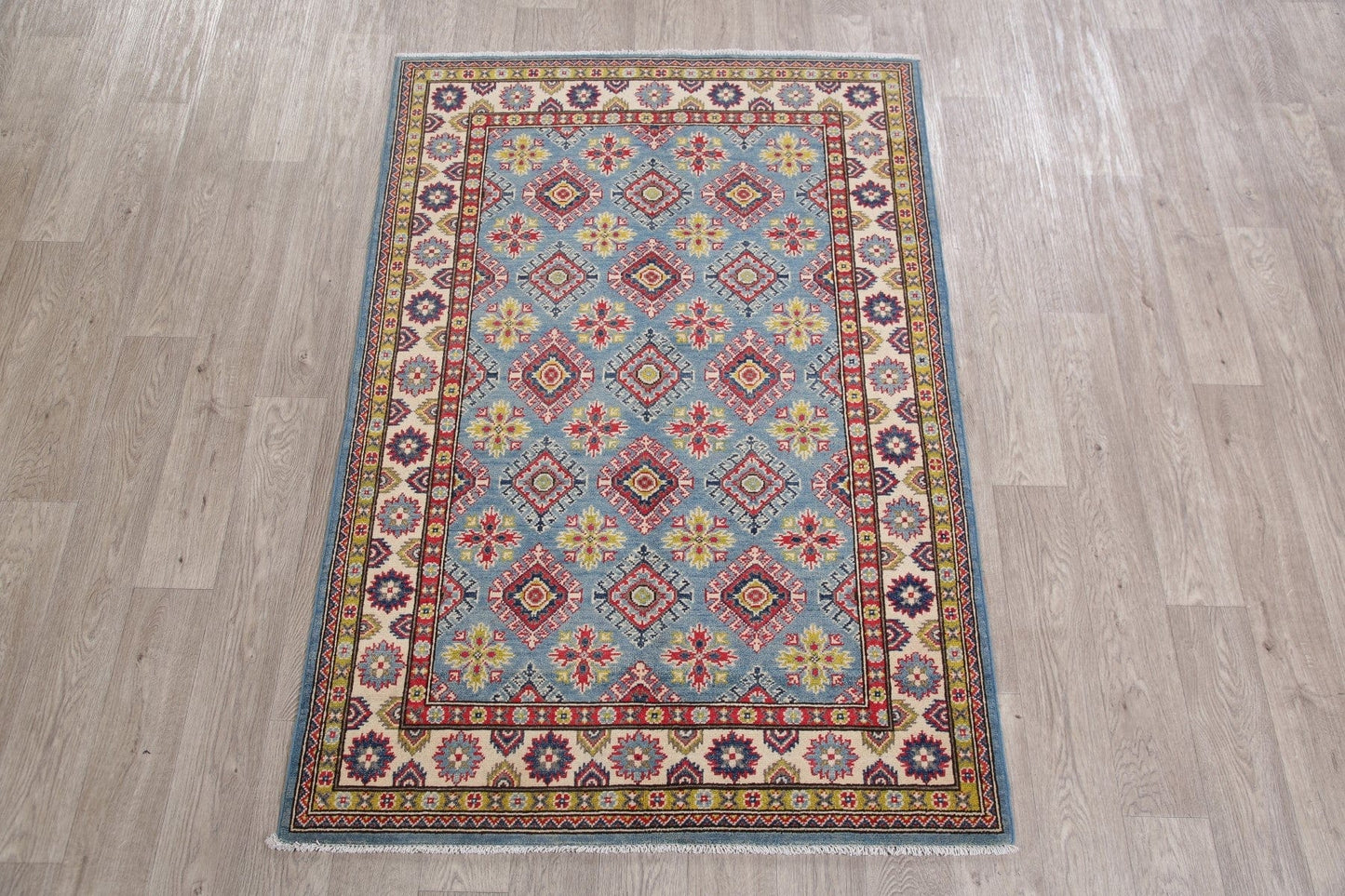 Light Blue Super Kazak-Chechen Oriental Wool Rug 4x6