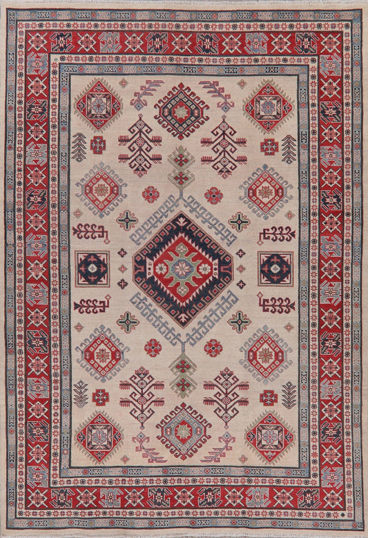Geometric Ivory Super Kazak Oriental Wool Area Rug 7x9