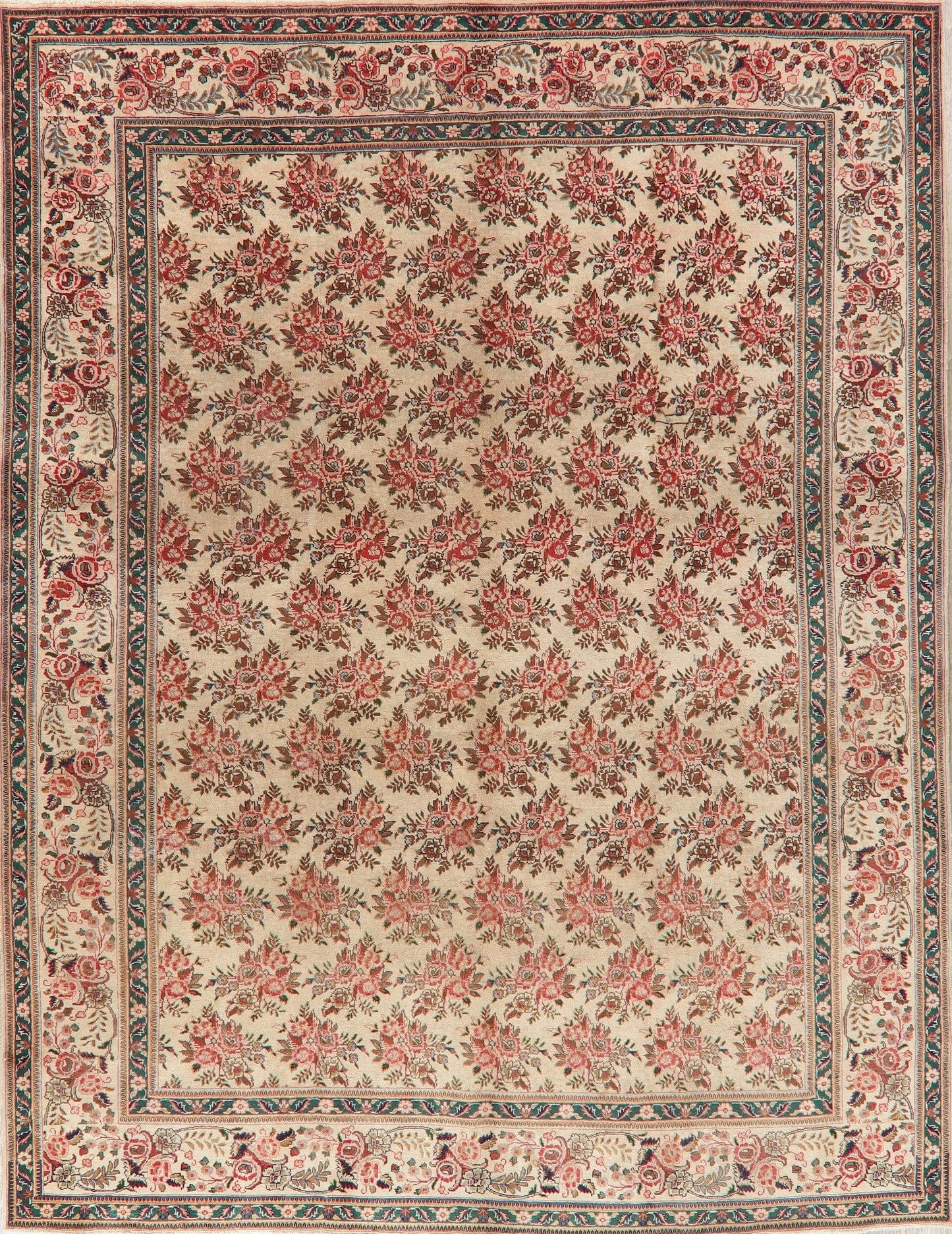 Antique All-Over Floral Beige Tabriz Persian Area Rug 9x12