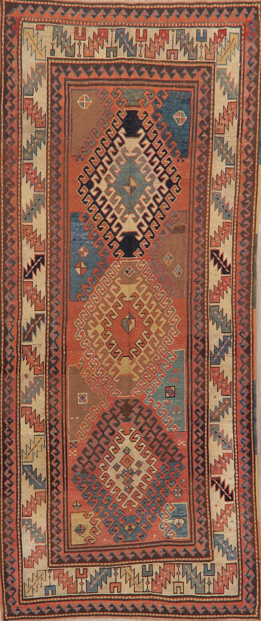 Pre-1900 Antique Vegetable Dye Kazak Oriental Runner Rug 4x9