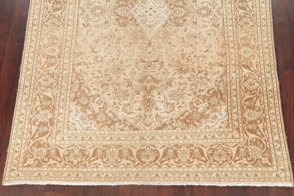 Muted Distressed Floral Mashad Persian Area Rug Wool 7x9