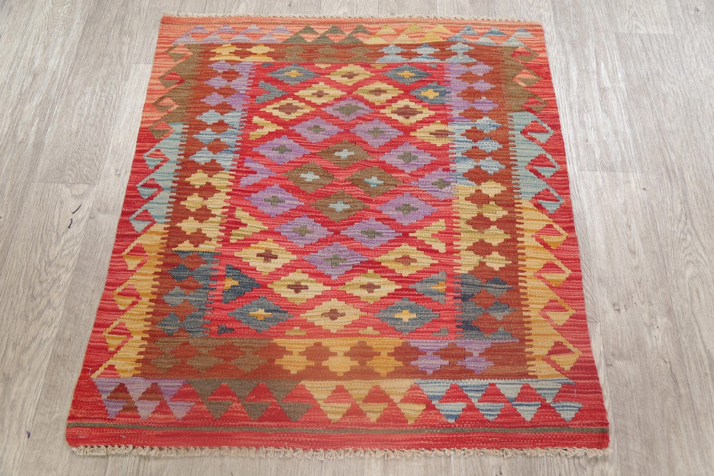 Flat-Woven Geometric Kilim Turkish Area Rug 3x3 Square