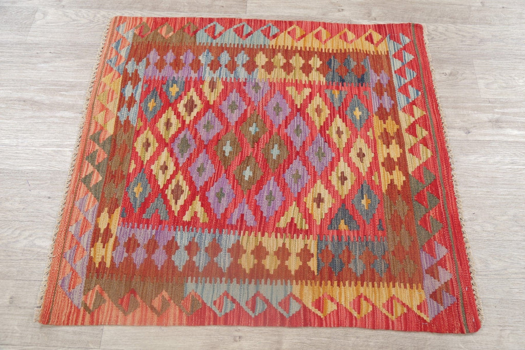 Flat-Woven Geometric Kilim Turkish Area Rug 3x3 Square