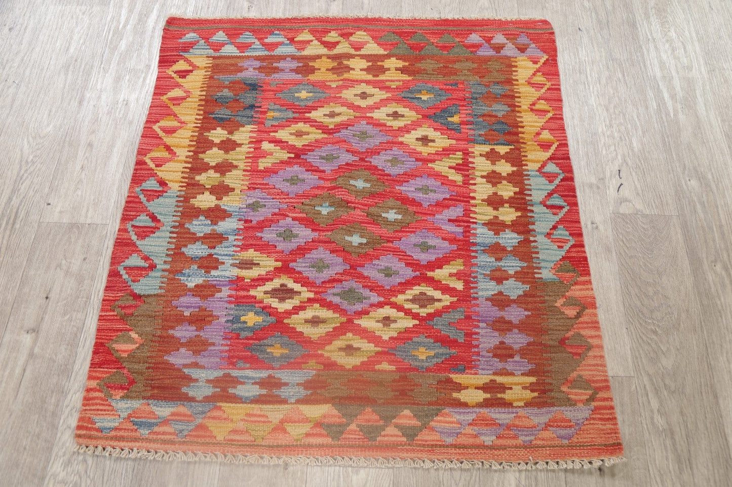 Flat-Woven Geometric Kilim Turkish Area Rug 3x3 Square