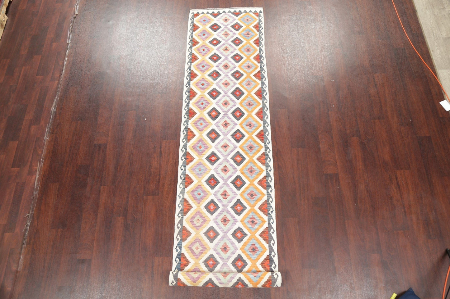 Pastel Geometric Kilim Turkish Runner Rug 3x16