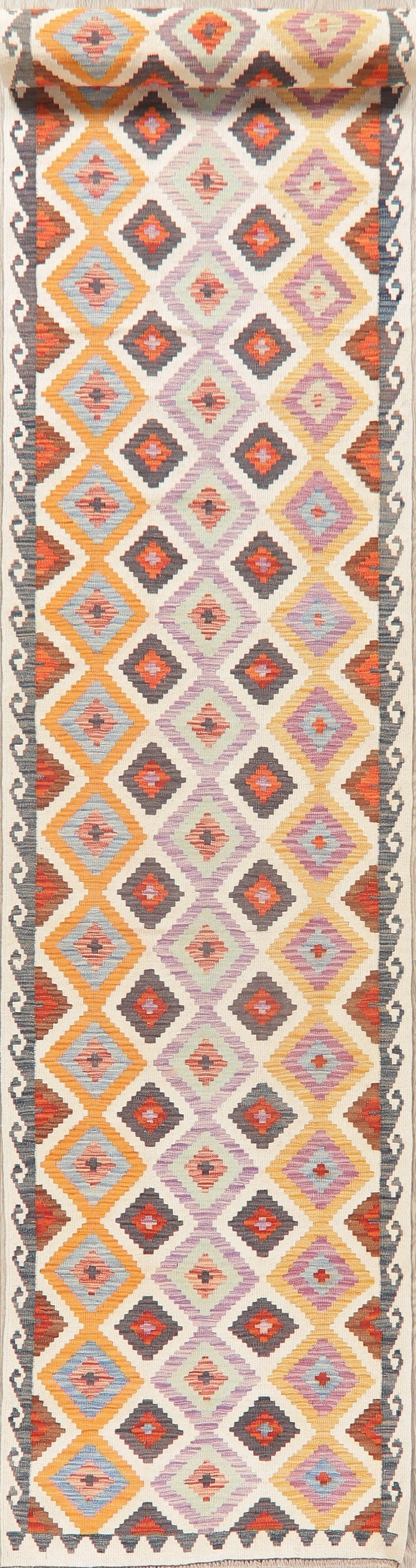 Pastel Geometric Kilim Turkish Runner Rug 3x16