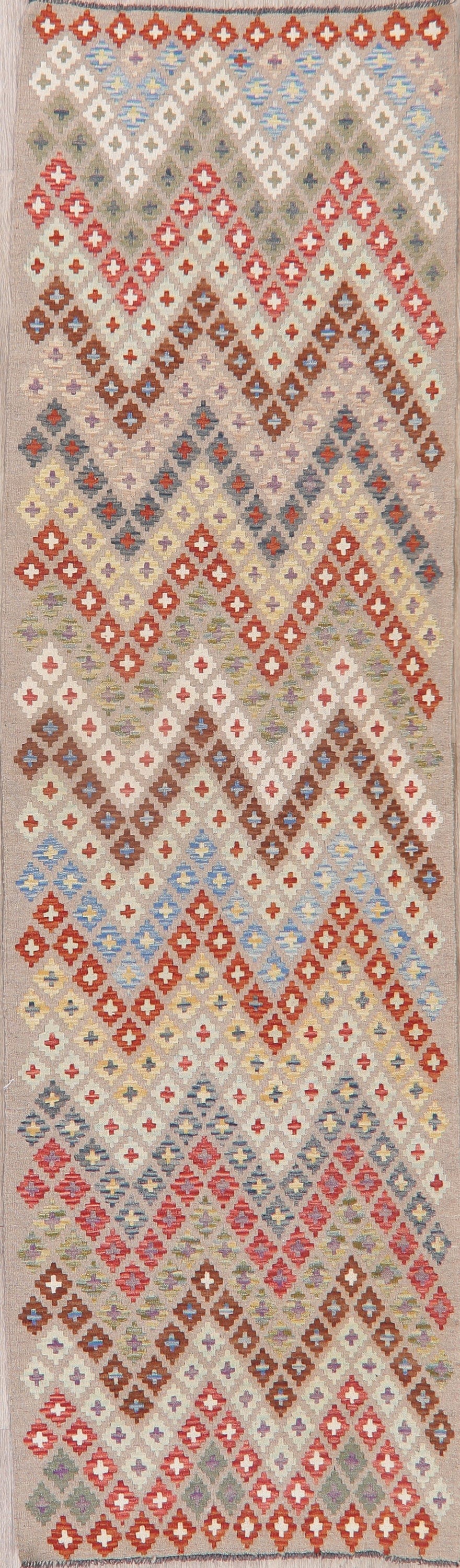 Flat-Woven Geometric Kilim Turkish Runner Rug 3x10