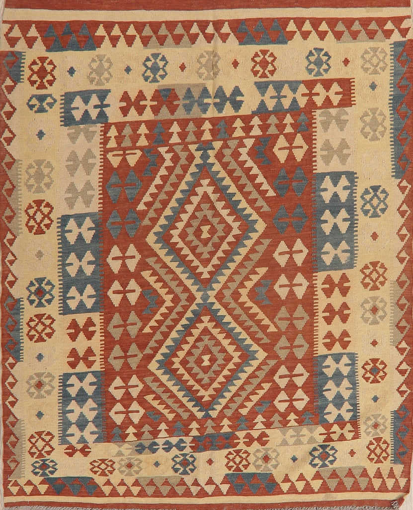 Flat-Woven Geometric Kilim Turkish Area Rug 5x6