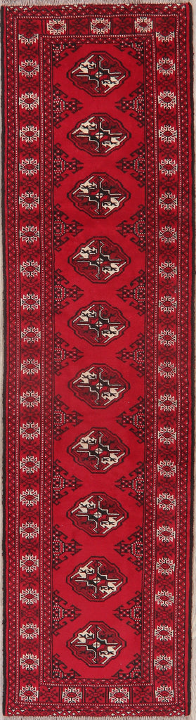 Geometric Red Bokhara Oriental Runner Rug 2x9