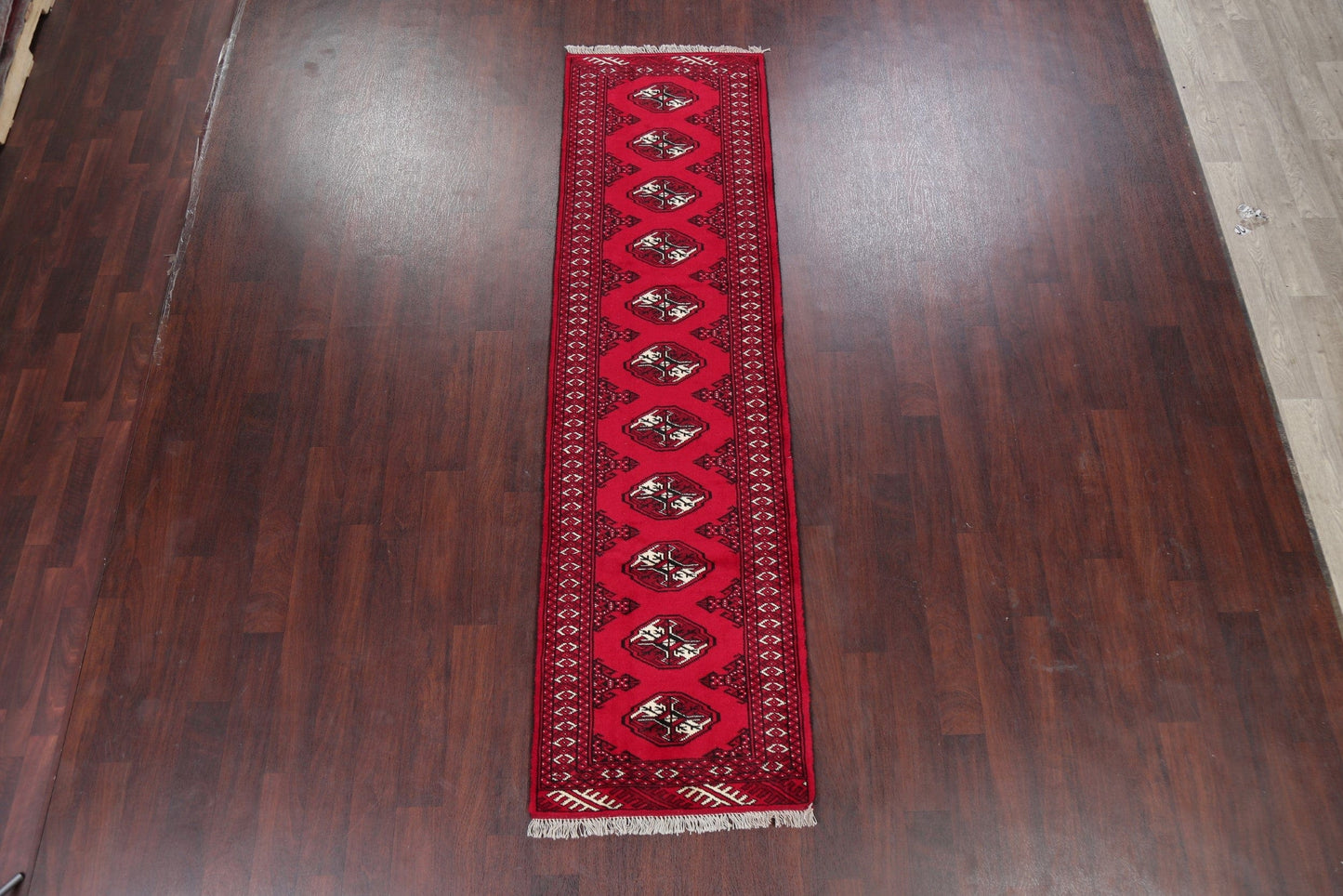 Geometric Red Bokhara Oriental Runner Rug 3x9