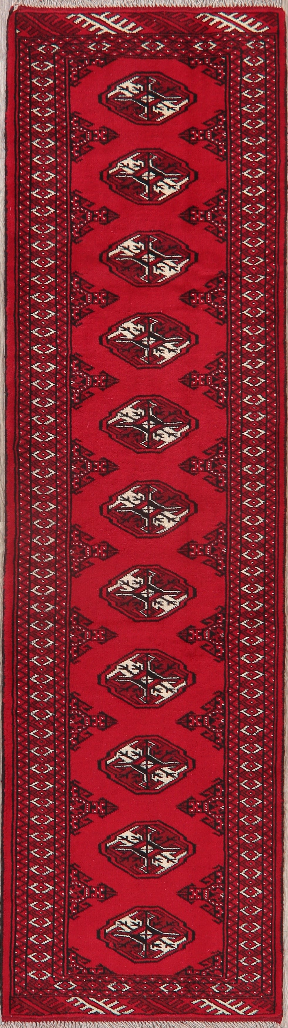 Geometric Red Bokhara Oriental Runner Rug 3x9