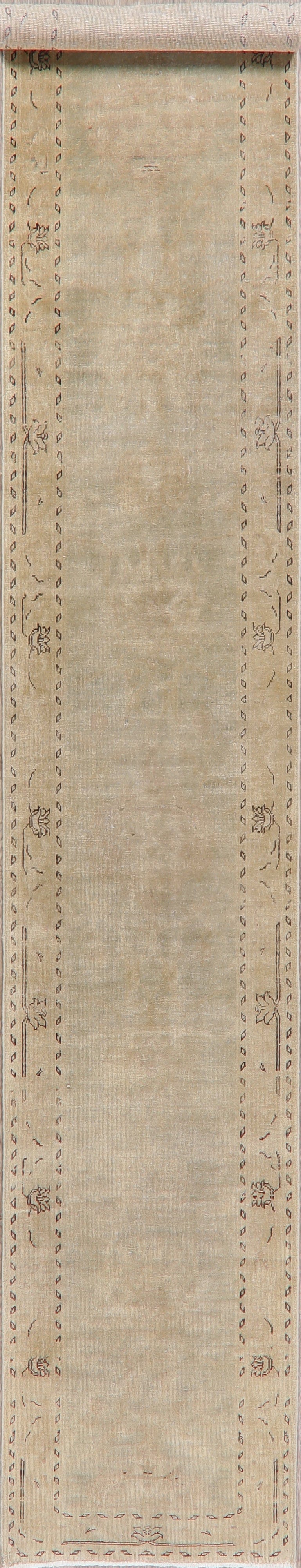 Distressed Muted Green Oushak Oriental Runner Rug 2x13