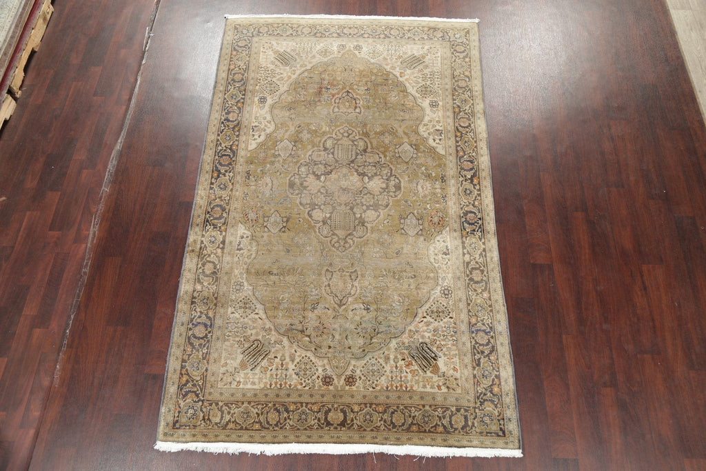 Muted Distressed Green Floral Kashan Persian Area Rug 6x9