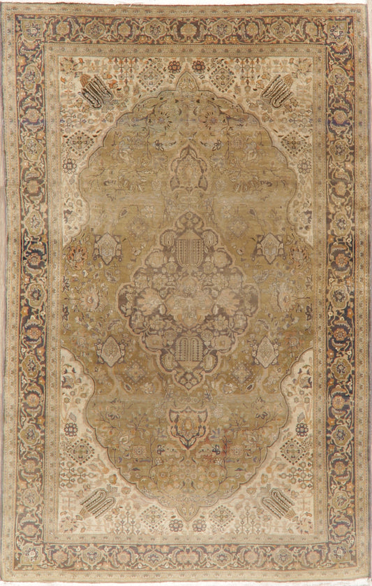 Muted Distressed Green Floral Kashan Persian Area Rug 6x9