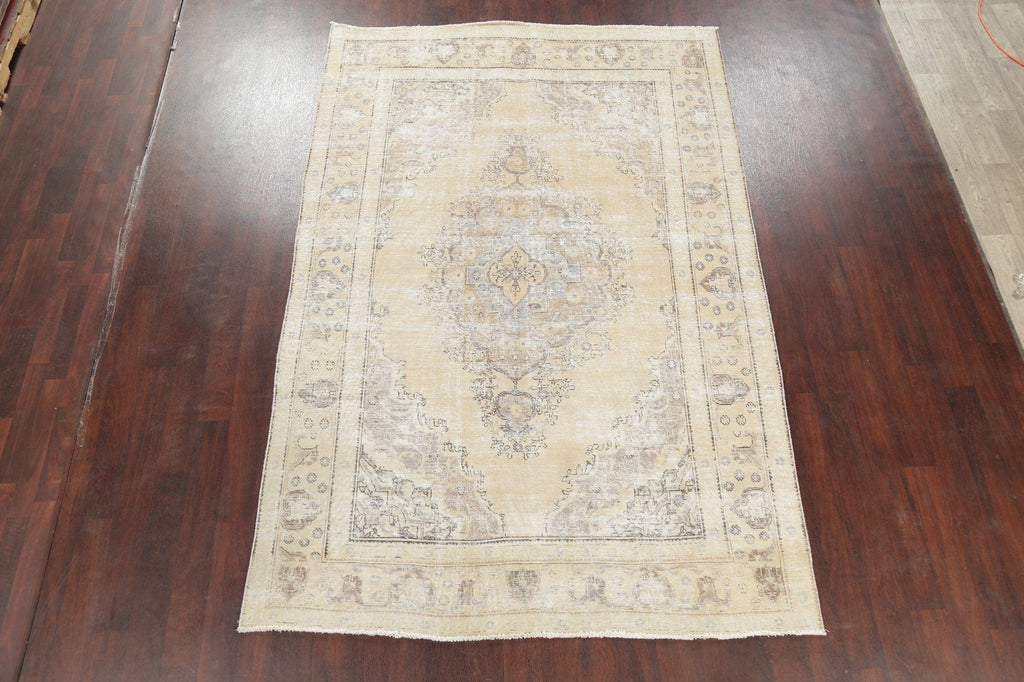 Vintage Distressed Tabriz Beige Persian Area Rug 7x10